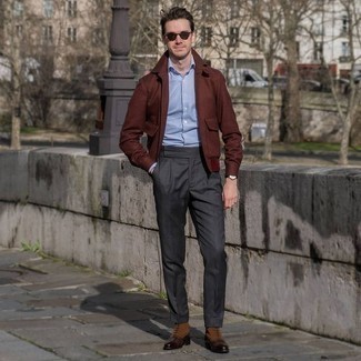 Charcoal Dress Pants Outfits For Men: This combination of a burgundy bomber jacket and charcoal dress pants will add alpha male essence to your look. A pair of dark brown leather casual boots instantly ups the street cred of your outfit.