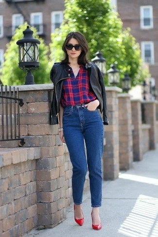 Women's Black Leather Bomber Jacket, Red and Navy Plaid Dress Shirt, Blue Jeans, Red Leather Pumps