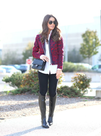 Blue Bomber Jacket Outfits For Women: A blue bomber jacket and black leggings have become must-have closet must-haves. If you want to feel a bit dressier now, complete this ensemble with black leather knee high boots.