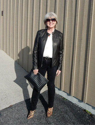 Michelle Pfeiffer wearing Black Leather Bomber Jacket, White Dress Shirt, Black Corduroy Skinny Pants, Tan Leopard Suede Ankle Boots