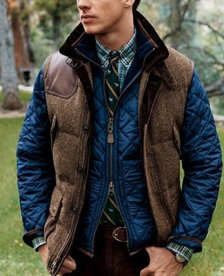 Men's Navy Quilted Bomber Jacket, Brown Wool Gilet, Green Plaid Long Sleeve Shirt, Burgundy Chinos
