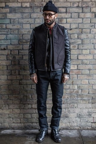 Leather Bomber Jacket With Quilted Suede Trim