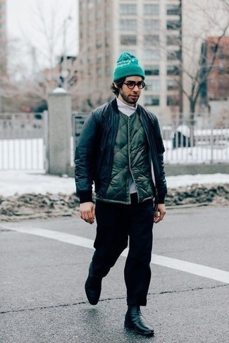Green Beanie Outfits For Men: We're all seeking functionality when it comes to styling, and this casual combination of a navy bomber jacket and a green beanie is a practical example of that. And if you need to instantly rev up this outfit with a pair of shoes, why not introduce navy leather chelsea boots to the equation?
