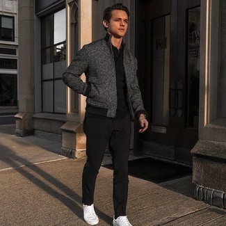 Men's Charcoal Wool Bomber Jacket, Black Henley Shirt, Black Chinos, White Canvas Low Top Sneakers