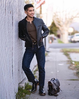 Men's Black Leather Bomber Jacket, Dark Brown Henley Shirt, Navy Jeans, Black Leather Casual Boots
