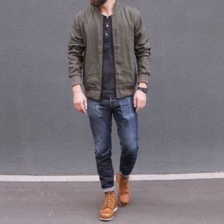 Men's Brown Bomber Jacket, Charcoal Henley Shirt, Navy Ripped Jeans, Tobacco Leather Casual Boots