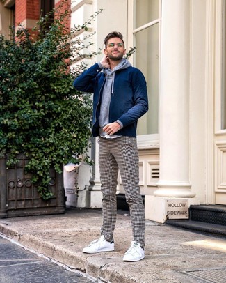 Men's Navy Bomber Jacket, Grey Hoodie, White and Black Gingham Chinos, White Low Top Sneakers