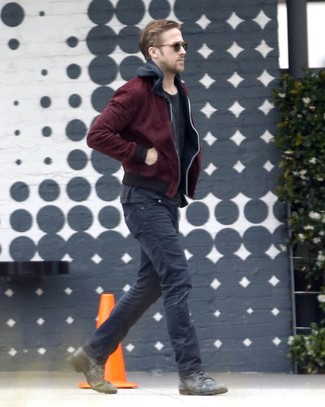 Ryan Gosling wearing Burgundy Bomber Jacket, Black Hoodie, Black Crew-neck T-shirt, Black Jeans