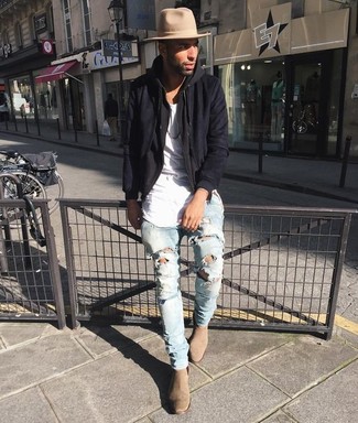 Men's Black Suede Bomber Jacket, Charcoal Hoodie, White Crew-neck T-shirt, Light Blue Ripped Skinny Jeans