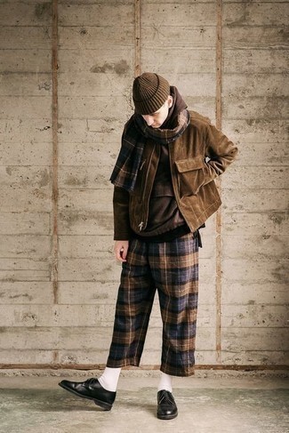 Brown Plaid Chinos Outfits: A brown suede bomber jacket and brown plaid chinos are among the key items in any modern gent's great casual closet. Want to dress it up in the footwear department? Finish off with a pair of black leather derby shoes.