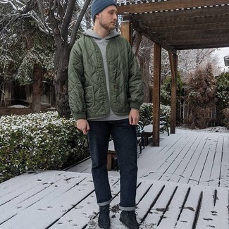 Grey Hoodie Outfits For Men: To achieve a laid-back outfit with a fashionable spin, try pairing a grey hoodie with navy jeans. Complete this outfit with black suede desert boots for an added dose of style.