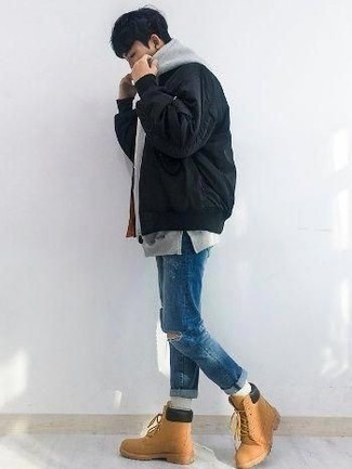 Men's Black Bomber Jacket, Grey Hoodie, Blue Ripped Jeans, Tan Suede Work Boots