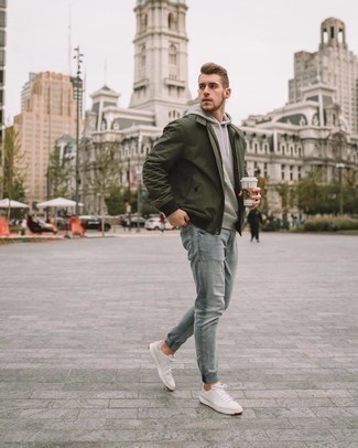 No Show Socks Outfits For Men: For a casual and cool look, team an olive bomber jacket with no show socks — these two pieces go beautifully together. Not sure how to complete this ensemble? Rock a pair of white canvas low top sneakers to bump it up.