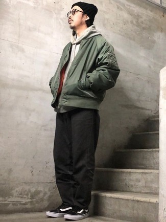 Men's Olive Bomber Jacket, Grey Hoodie, Black Jeans, Black and White Canvas Low Top Sneakers