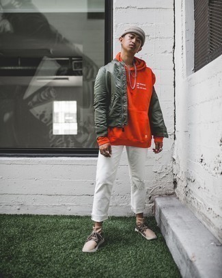 White Ripped Jeans Outfits For Men: Rock an olive satin bomber jacket with white ripped jeans for a relaxed take on casual urban getups. Finishing off with a pair of beige athletic shoes is the simplest way to infuse a more laid-back spin into this ensemble.