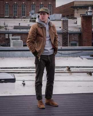 Brown Corduroy Jeans Outfits For Men: This pairing of a brown bomber jacket and brown corduroy jeans is a safe and very fashionable bet. A pair of brown suede desert boots is a great idea to complement this outfit.