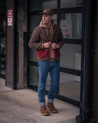Brown Baseball Cap Outfits For Men: If you're on the lookout for a street style yet dapper look, consider pairing a dark brown fleece bomber jacket with a brown baseball cap. Brown suede casual boots are a guaranteed way to give a hint of polish to this ensemble.