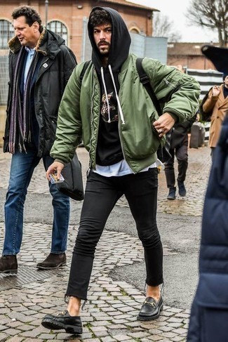 Black and White Print Hoodie Outfits For Men: To achieve a laid-back look with a twist, go for a black and white print hoodie and black skinny jeans. Channel your inner David Gandy and class up your look with a pair of black chunky leather loafers.