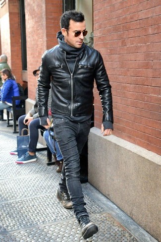 Justin Theroux wearing Black Leather Bomber Jacket Charcoal