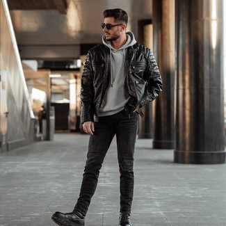 Men's Black Quilted Leather Bomber Jacket, Grey Hoodie, Black Ripped Skinny Jeans, Black Leather Casual Boots
