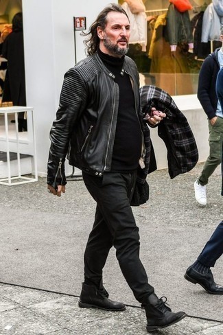 Black Leather Desert Boots Outfits: Who said you can't make a style statement with a relaxed ensemble? That's easy in a black leather bomber jacket and charcoal chinos. Black leather desert boots look perfect completing your ensemble.