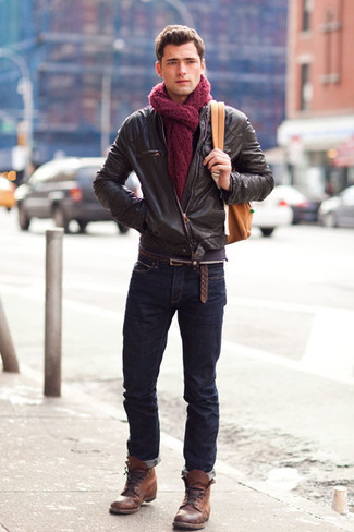 A dark brown leather bomber jacket and navy jeans? This is an easy-to-achieve outfit that any guy can rock a version of on a day-to-day basis. To bring a bit of flair to this look, add brown leather casual boots to the mix.