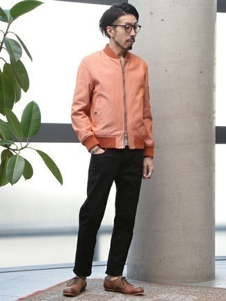 Brown Leather Derby Shoes Outfits: This combination of an orange bomber jacket and black jeans is very versatile and really apt for whatever the day throws at you. Jazz up your ensemble with a pair of brown leather derby shoes.