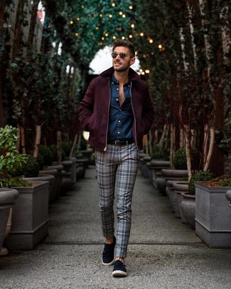 Charcoal Plaid Chinos Outfits: A burgundy wool bomber jacket and charcoal plaid chinos are among the crucial elements in any modern man's great off-duty arsenal. To give this outfit a smarter spin, why not complete this ensemble with a pair of navy suede double monks?