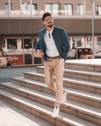 Men's Teal Bomber Jacket, White Long Sleeve Shirt, Khaki Chinos, White and Green Canvas Low Top Sneakers