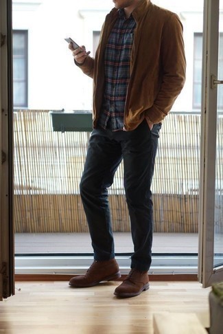 Men's Tobacco Bomber Jacket, Multi colored Plaid Long Sleeve Shirt, Navy Chinos, Brown Suede Casual Boots
