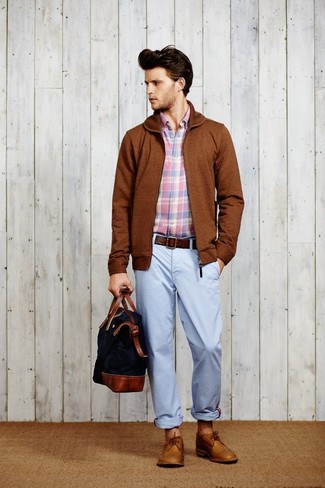 Men's Brown Bomber Jacket, Pink Plaid Long Sleeve Shirt, Light Blue Chinos, Tobacco Leather Brogues