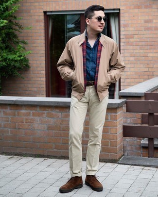 Tan Bomber Jacket Smart Casual Outfits For Men: For a laid-back outfit, consider teaming a tan bomber jacket with beige chinos — these two items go pretty good together. Let your styling chops truly shine by finishing off this outfit with dark brown suede desert boots.