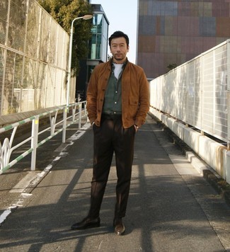 Dark Brown Chinos Outfits: This laid-back pairing of a brown bomber jacket and dark brown chinos is a surefire option when you need to look nice but have no extra time to craft a look. Dark brown leather loafers will effortlessly elevate even your most comfortable clothes.
