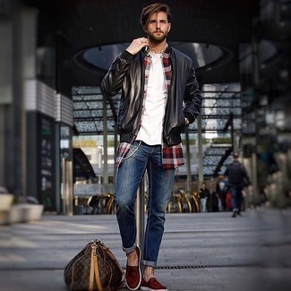Red Canvas Loafers Outfits For Men: If you need to go about your day with confidence in your ensemble, reach for a black leather bomber jacket and blue jeans. For something more on the sophisticated side to finish your getup, add red canvas loafers to your getup.