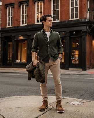 Brown Suede Casual Boots Outfits For Men: This pairing of a brown quilted bomber jacket and khaki chinos is on the casual side but is also seriously stylish and really sharp. Boost the classiness of this ensemble a bit by slipping into a pair of brown suede casual boots.