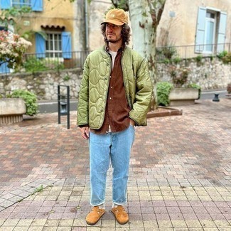 Tan Baseball Cap Outfits For Men: This casual combination of an olive quilted satin bomber jacket and a tan baseball cap is a fail-safe option when you need to look nice in a flash. Finishing with a pair of brown suede loafers is a surefire way to add a bit of zing to your getup.