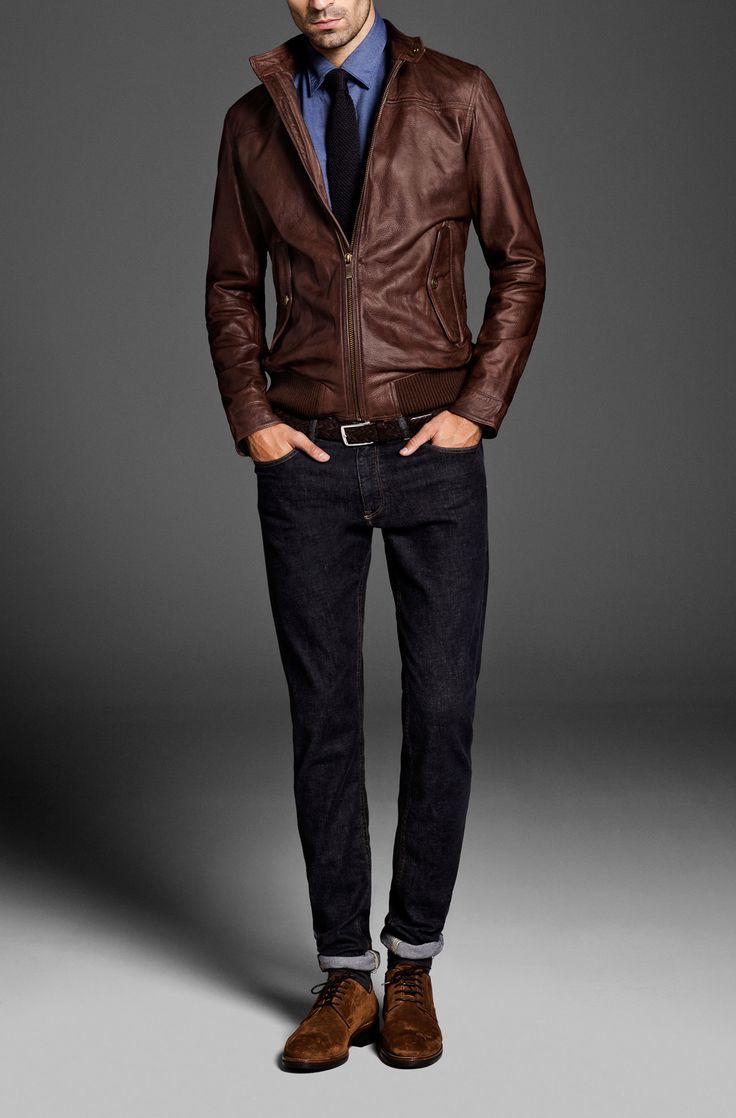 Men's Brown Leather Bomber Jacket, Blue Long Sleeve Shirt, Navy Jeans ...
