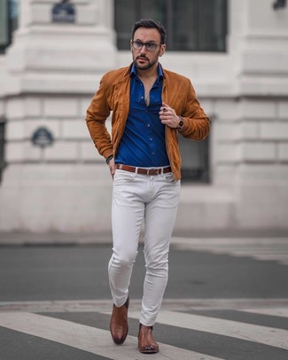 Men's Tobacco Suede Bomber Jacket, Blue Long Sleeve Shirt, White Jeans, Brown Leather Chelsea Boots