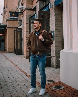 Men's Dark Brown Suede Bomber Jacket, Navy and White Polka Dot Long Sleeve Shirt, Blue Jeans, White Low Top Sneakers