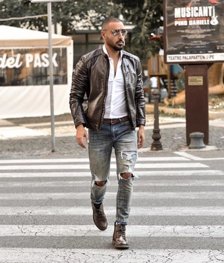 Men's Dark Brown Leather Bomber Jacket, White Long Sleeve Shirt, Light Blue Ripped Jeans, Dark Brown Leather Casual Boots