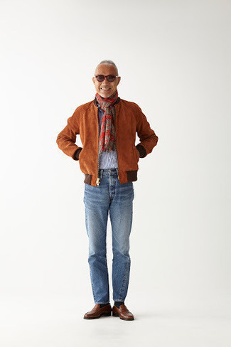 Brown Bomber Jacket Outfits For Men: A brown bomber jacket and light blue jeans make for the ultimate off-duty style for any modern guy. And if you wish to easily dial up your look with a pair of shoes, why not add a pair of brown leather loafers to the mix?