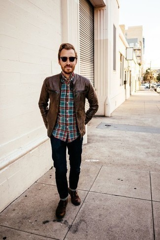 Men's Brown Leather Bomber Jacket, Teal Plaid Long Sleeve Shirt, Navy Jeans, Brown Leather Casual Boots