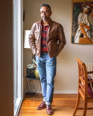 Men's Brown Leather Bomber Jacket, Red and Black Gingham Long Sleeve Shirt, Light Blue Jeans, Burgundy Leather Casual Boots