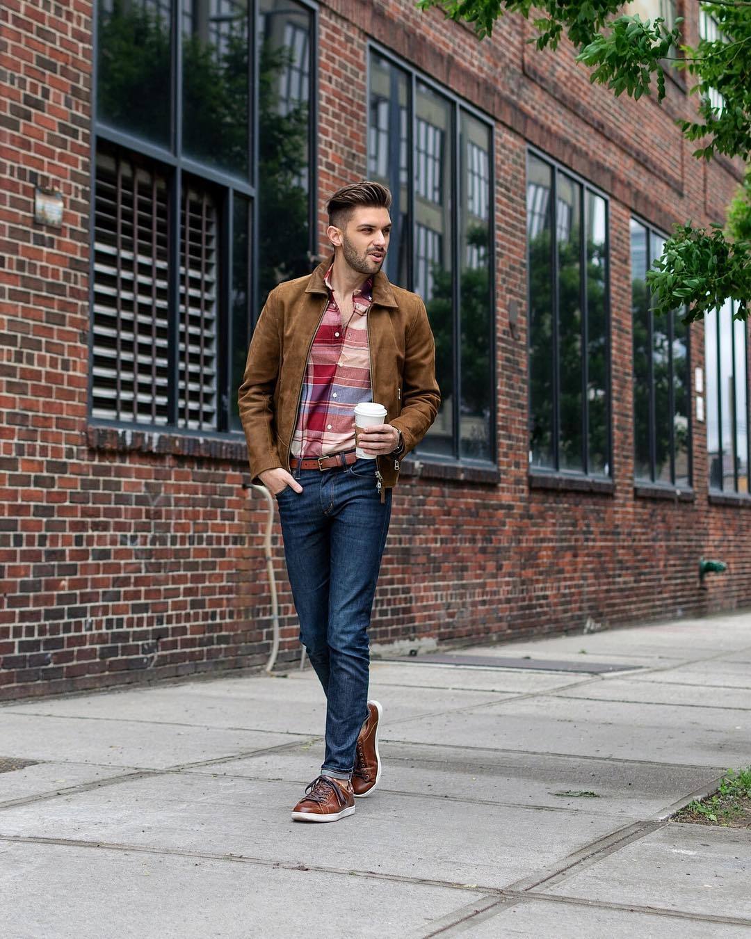 Men s Brown Suede Bomber Jacket Red Plaid Long Sleeve Shirt Navy