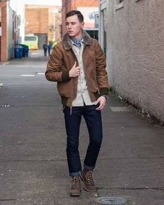 Brown Bomber Jacket Outfits For Men: You'll be surprised at how easy it is for any guy to put together this laid-back outfit. Just a brown bomber jacket and navy jeans. Our favorite of a countless number of ways to finish off this ensemble is a pair of dark brown suede casual boots.