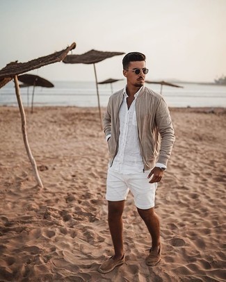 White Linen Long Sleeve Shirt Outfits For Men: To don a casual look with a twist, consider wearing a white linen long sleeve shirt and white shorts. Tan suede espadrilles work amazingly well within this ensemble.