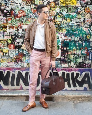 Tan Bomber Jacket Outfits For Men In Their 30s: To create a laid-back getup with a modern take, you can easily wear a tan bomber jacket and pink plaid chinos. Rounding off with a pair of brown leather loafers is the simplest way to inject a dash of polish into your look. A look like this can make any man over 30 look better than any of his peers.