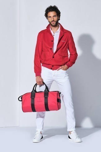 Men's Red Bomber Jacket, White Polo, White Jeans, White and Black Leather Low Top Sneakers