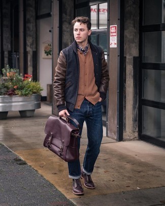 Brown Shawl Cardigan Outfits For Men: This off-duty combo of a brown shawl cardigan and navy jeans takes on different moods according to the way you style it out. A pair of burgundy leather casual boots will be a welcome accompaniment for this ensemble.