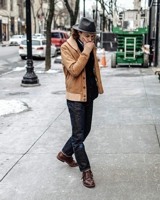 Tan Bomber Jacket Outfits For Men In Their 30s: For a relaxed ensemble, wear a tan bomber jacket and navy jeans — these two items work beautifully together. Dark brown leather derby shoes are the simplest way to power up this outfit. As you get into your 30s, you probably want to start dressing like a grown-up. If that's the case, inspo like this comes in very handy.